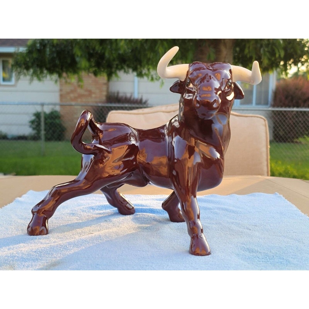 Vintage Ceramic Bull Mid Century Modern Figurine White Horns Handpainted